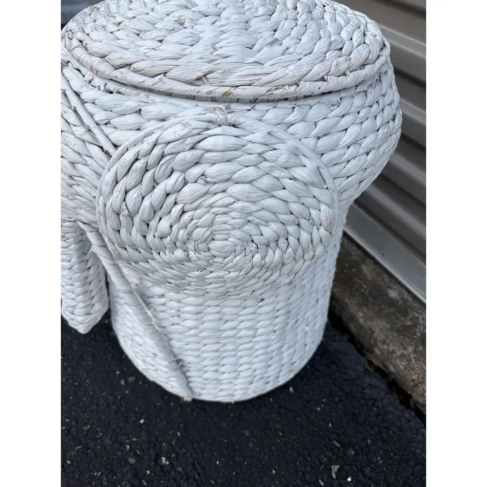 Elephant Hamper White Wicker Laundry Basket Clothes Bin Lid Woven Decor Nursery